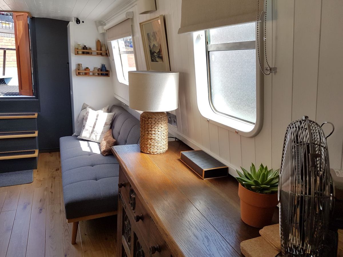 Boutique Narrowboat lounge area styled by Skipperlings