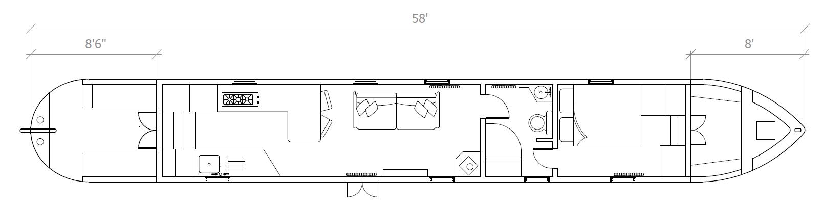 Floorplan of 58 foot narrowboat for sale styled by Skipperlings